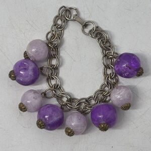 Vintage Lucite Charm Bracelet Purple Marbled Beads Chunky Chain Retro